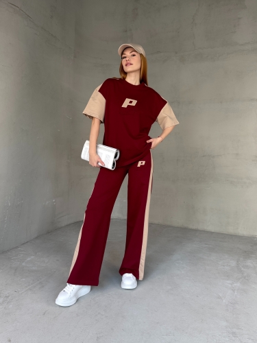 TKM-03654 Bordo Bej P Nakışlı Bisiklet Yaka Tshirt Bel Lastikli Palazzo Alt İkili Takım - Thumbnail