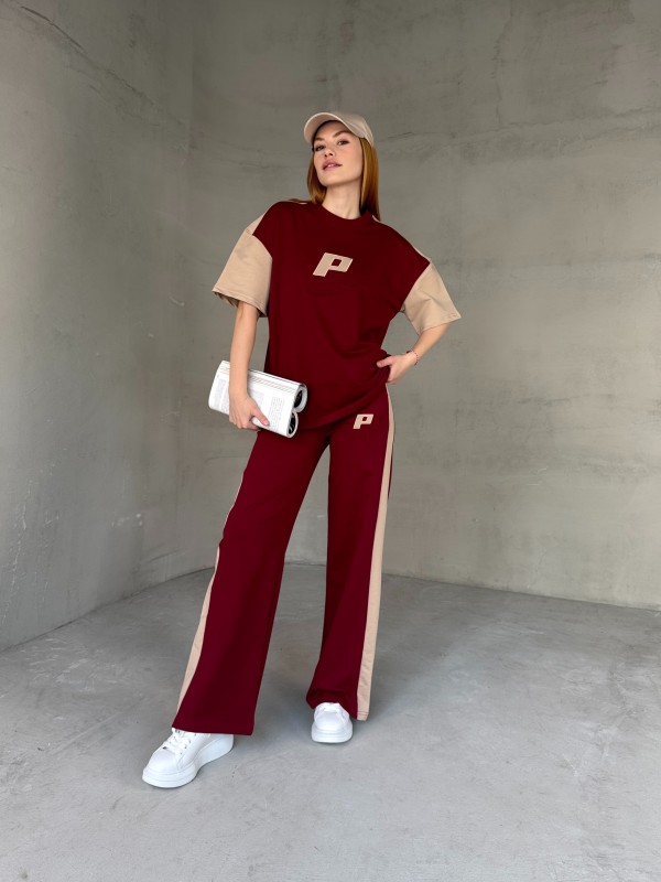 TKM-03654 Bordo Bej P Nakışlı Bisiklet Yaka Tshirt Bel Lastikli Palazzo Alt İkili Takım