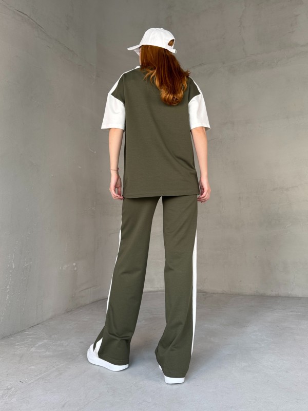 TKM-03654 Haki Beyaz P Nakışlı Bisiklet Yaka Tshirt Bel Lastikli Palazzo Alt İkili Takım