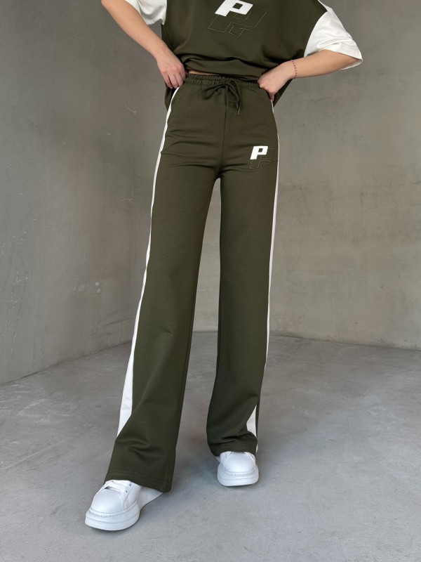 TKM-03654 Haki Beyaz P Nakışlı Bisiklet Yaka Tshirt Bel Lastikli Palazzo Alt İkili Takım