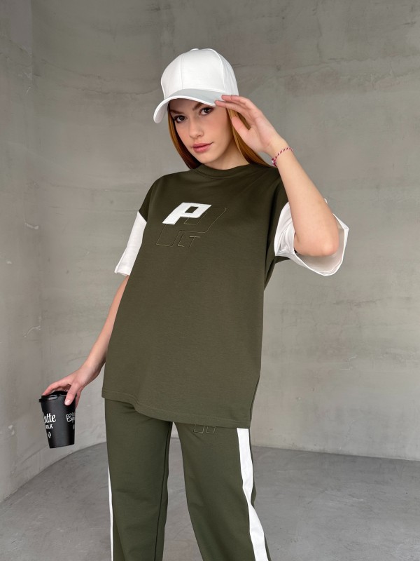 TKM-03654 Haki Beyaz P Nakışlı Bisiklet Yaka Tshirt Bel Lastikli Palazzo Alt İkili Takım