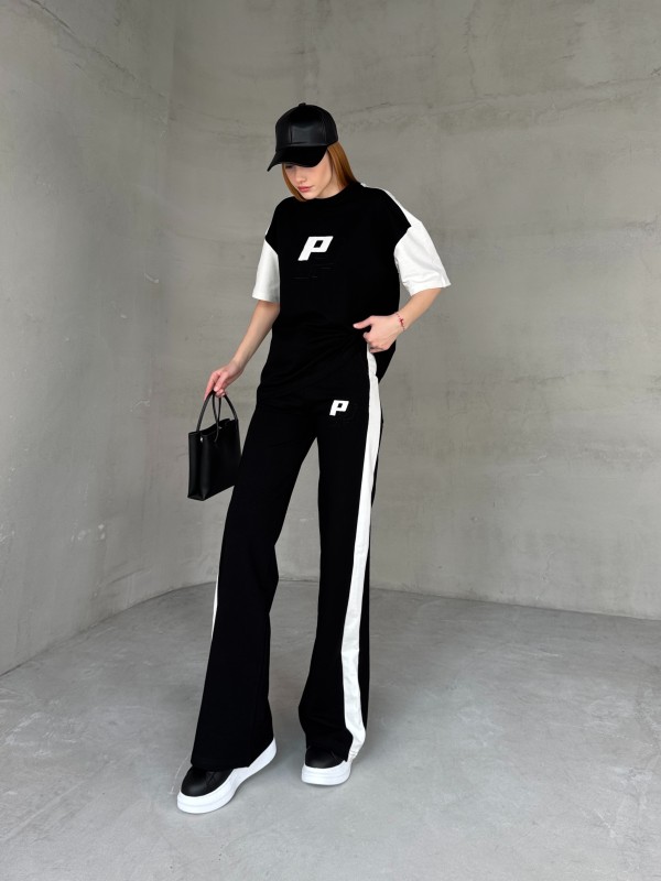 TKM-03654 Siyah Beyaz P Nakışlı Bisiklet Yaka Tshirt Bel Lastikli Palazzo Alt İkili Takım - 1