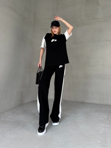TKM-03654 Siyah Beyaz P Nakışlı Bisiklet Yaka Tshirt Bel Lastikli Palazzo Alt İkili Takım - 3