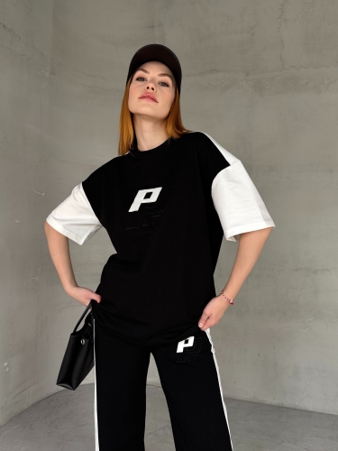 TKM-03654 Siyah Beyaz P Nakışlı Bisiklet Yaka Tshirt Bel Lastikli Palazzo Alt İkili Takım - 5