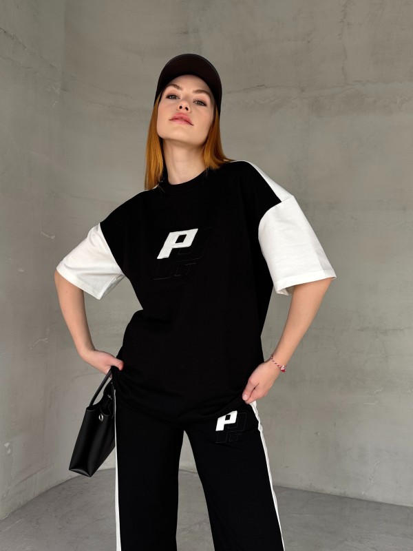 TKM-03654 Siyah Beyaz P Nakışlı Bisiklet Yaka Tshirt Bel Lastikli Palazzo Alt İkili Takım - 5