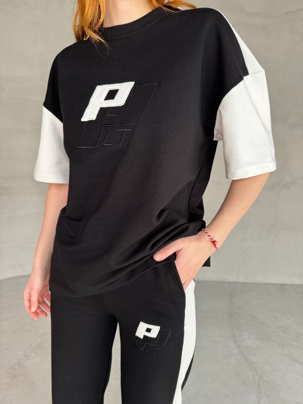 TKM-03654 Siyah Beyaz P Nakışlı Bisiklet Yaka Tshirt Bel Lastikli Palazzo Alt İkili Takım - 2