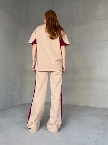 TKM-03655 Bej Rengi Bordo NY Nakışlı Bisiklet Yaka Tshirt Bel Lastikli Palazzo Alt İkili Takım - Thumbnail