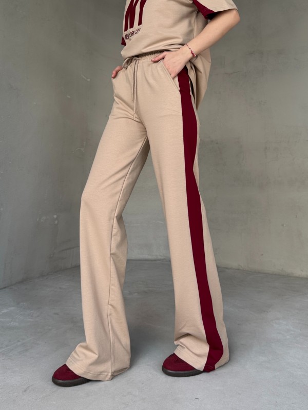 TKM-03655 Bej Rengi Bordo NY Nakışlı Bisiklet Yaka Tshirt Bel Lastikli Palazzo Alt İkili Takım
