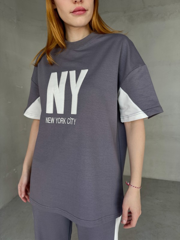 TKM-03655 Boyama Gri Beyaz NY Nakışlı Bisiklet Yaka Tshirt Bel Lastikli Palazzo Alt İkili Takım