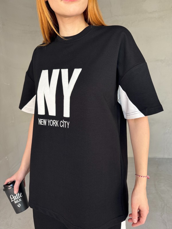 TKM-03655 Siyah Beyaz NY Nakışlı Bisiklet Yaka Tshirt Bel Lastikli Palazzo Alt İkili Takım - 4