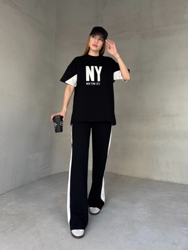 TKM-03655 Siyah Beyaz NY Nakışlı Bisiklet Yaka Tshirt Bel Lastikli Palazzo Alt İkili Takım 