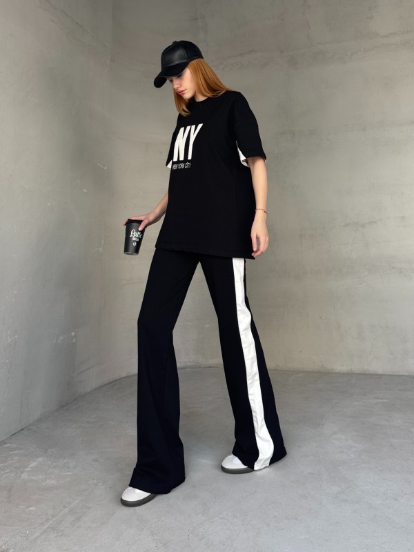 TKM-03655 Siyah Beyaz NY Nakışlı Bisiklet Yaka Tshirt Bel Lastikli Palazzo Alt İkili Takım - 5