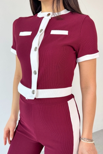 TKM-03656 Bordo Düğmeli Şeritli Crop Bluz Yan Şeritli Palazzo Pantolon İkili Takım - 3