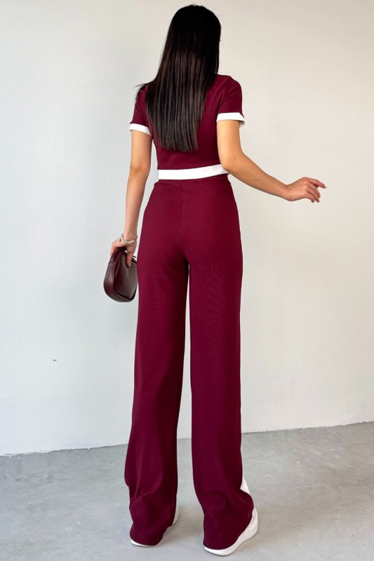 TKM-03656 Bordo Düğmeli Şeritli Crop Bluz Yan Şeritli Palazzo Pantolon İkili Takım - 4