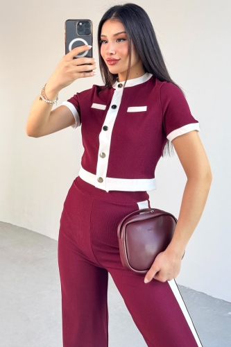 TKM-03656 Bordo Düğmeli Şeritli Crop Bluz Yan Şeritli Palazzo Pantolon İkili Takım - 5