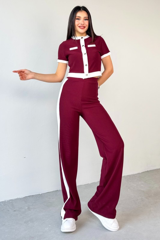 TKM-03656 Bordo Düğmeli Şeritli Crop Bluz Yan Şeritli Palazzo Pantolon İkili Takım - 1