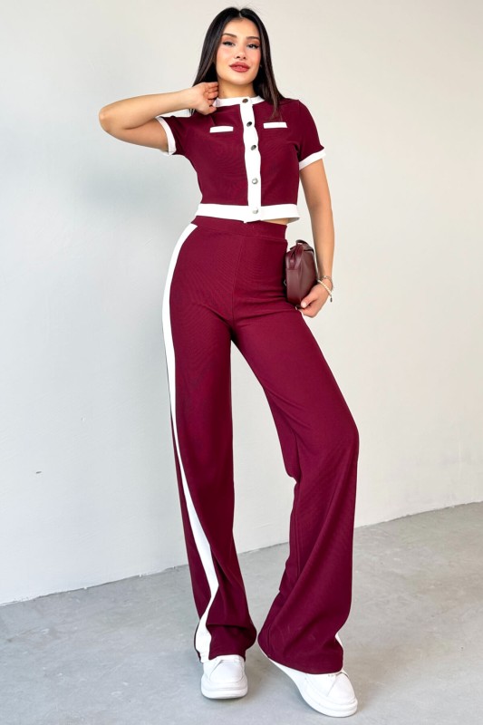 TKM-03656 Bordo Düğmeli Şeritli Crop Bluz Yan Şeritli Palazzo Pantolon İkili Takım - 6