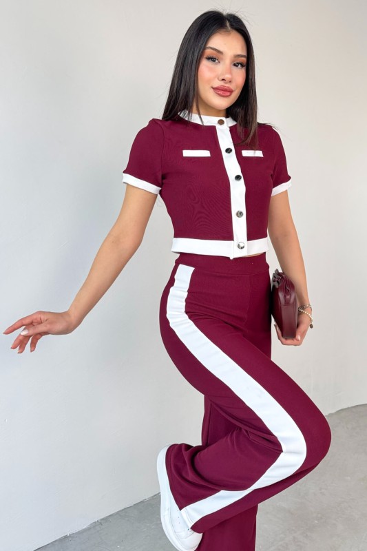 TKM-03656 Bordo Düğmeli Şeritli Crop Bluz Yan Şeritli Palazzo Pantolon İkili Takım - 7