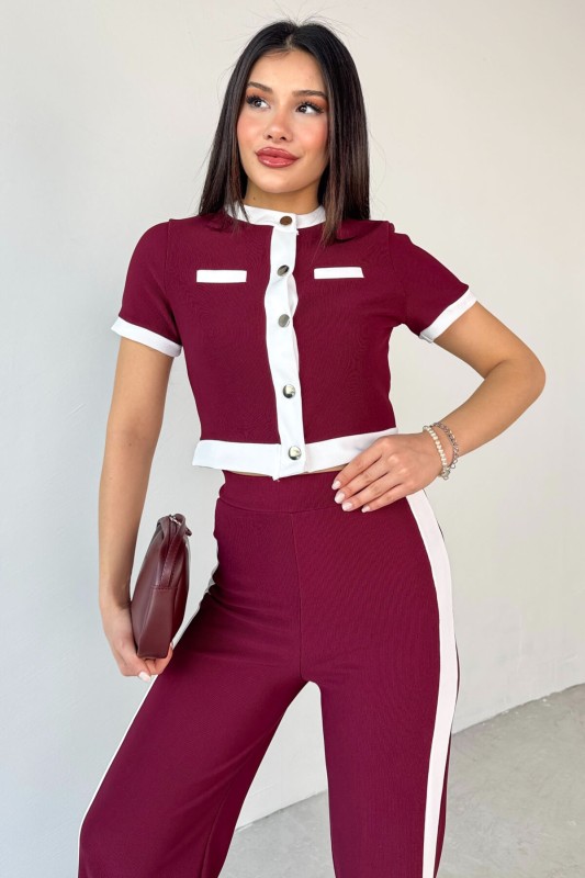 TKM-03656 Bordo Düğmeli Şeritli Crop Bluz Yan Şeritli Palazzo Pantolon İkili Takım - 2