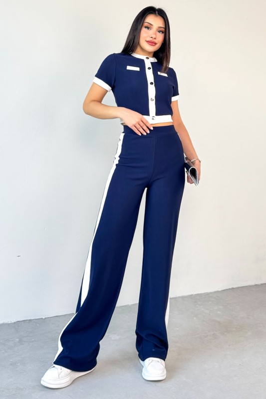 TKM-03656 Lacivert Düğmeli Şeritli Crop Bluz Yan Şeritli Palazzo Pantolon İkili Takım