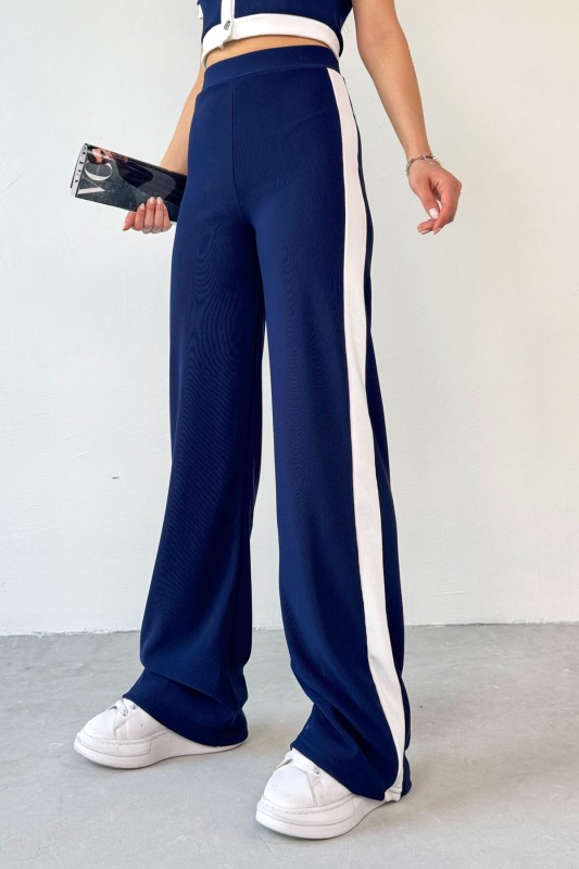 TKM-03656 Lacivert Düğmeli Şeritli Crop Bluz Yan Şeritli Palazzo Pantolon İkili Takım