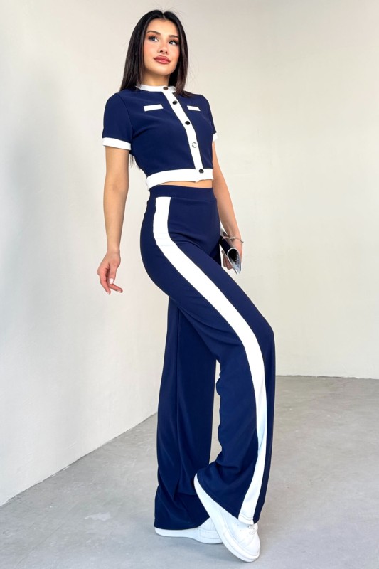TKM-03656 Lacivert Düğmeli Şeritli Crop Bluz Yan Şeritli Palazzo Pantolon İkili Takım