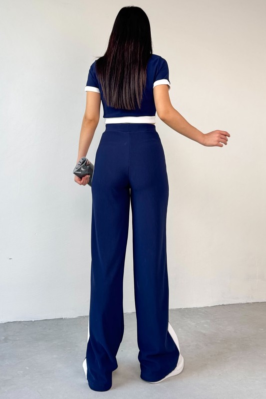 TKM-03656 Lacivert Düğmeli Şeritli Crop Bluz Yan Şeritli Palazzo Pantolon İkili Takım