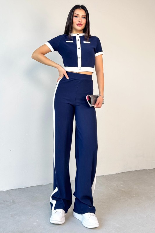 TKM-03656 Lacivert Düğmeli Şeritli Crop Bluz Yan Şeritli Palazzo Pantolon İkili Takım
