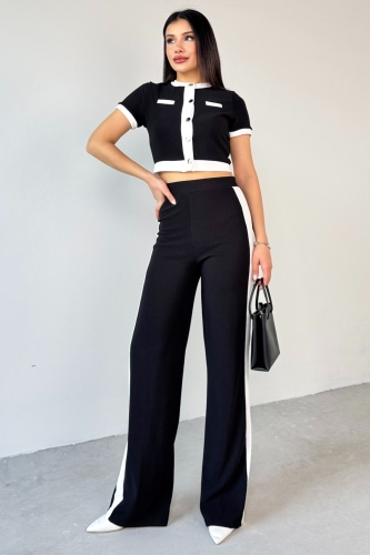 TKM-03656 Siyah Düğmeli Şeritli Crop Bluz Yan Şeritli Palazzo Pantolon İkili Takım - 1