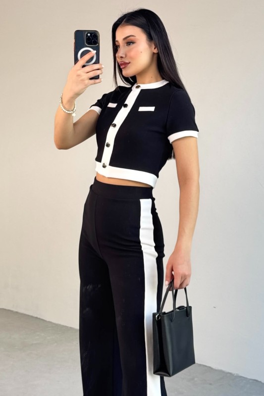 TKM-03656 Siyah Düğmeli Şeritli Crop Bluz Yan Şeritli Palazzo Pantolon İkili Takım - 4
