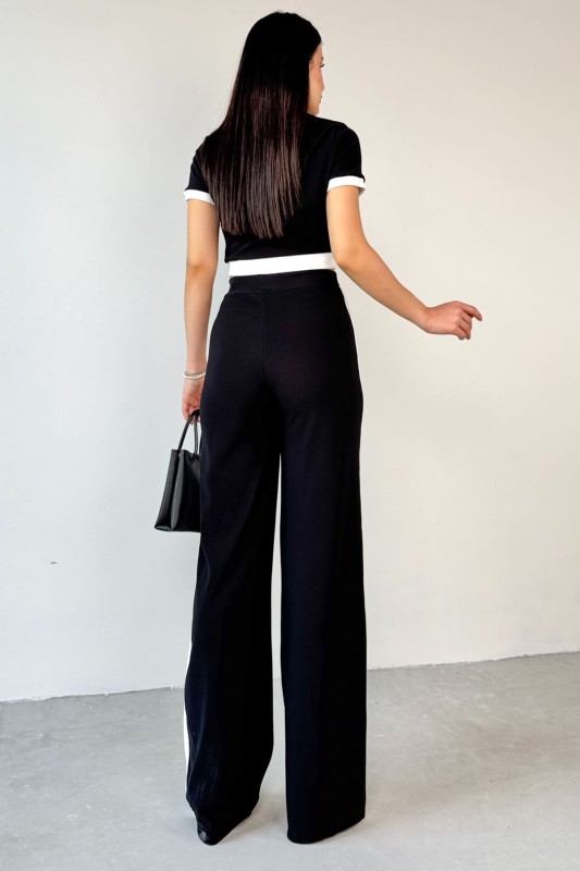 TKM-03656 Siyah Düğmeli Şeritli Crop Bluz Yan Şeritli Palazzo Pantolon İkili Takım - 5