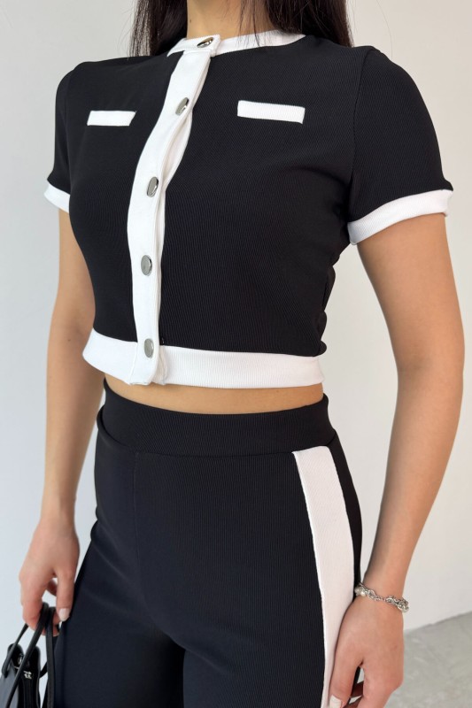TKM-03656 Siyah Düğmeli Şeritli Crop Bluz Yan Şeritli Palazzo Pantolon İkili Takım - 6
