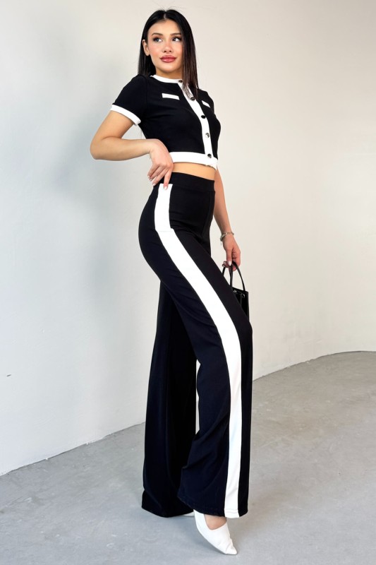 TKM-03656 Siyah Düğmeli Şeritli Crop Bluz Yan Şeritli Palazzo Pantolon İkili Takım - 9
