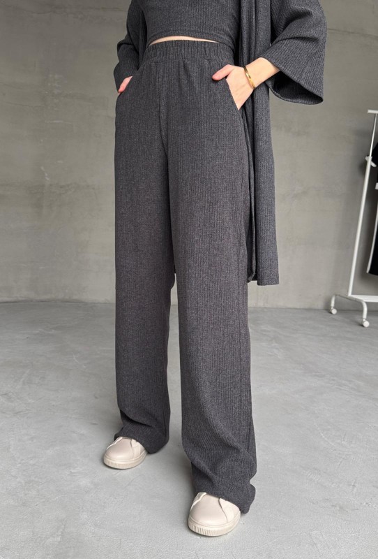 TKM-03657 Füme Askılı Bluz Palazzo Pantolon Yarasa Kol Kimono Üçlü Takım