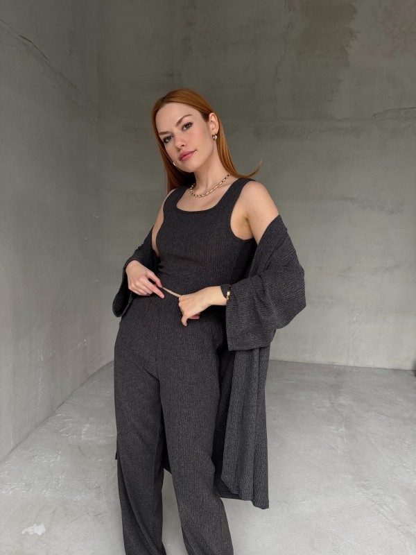 TKM-03657 Füme Askılı Bluz Palazzo Pantolon Yarasa Kol Kimono Üçlü Takım