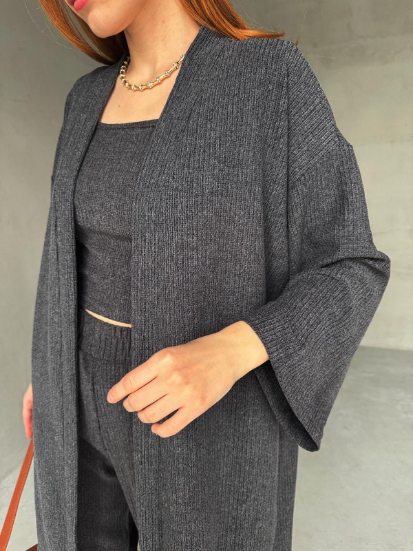 TKM-03657 Füme Askılı Bluz Palazzo Pantolon Yarasa Kol Kimono Üçlü Takım