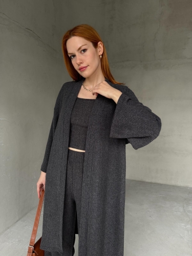 TKM-03657 Füme Askılı Bluz Palazzo Pantolon Yarasa Kol Kimono Üçlü Takım - Thumbnail