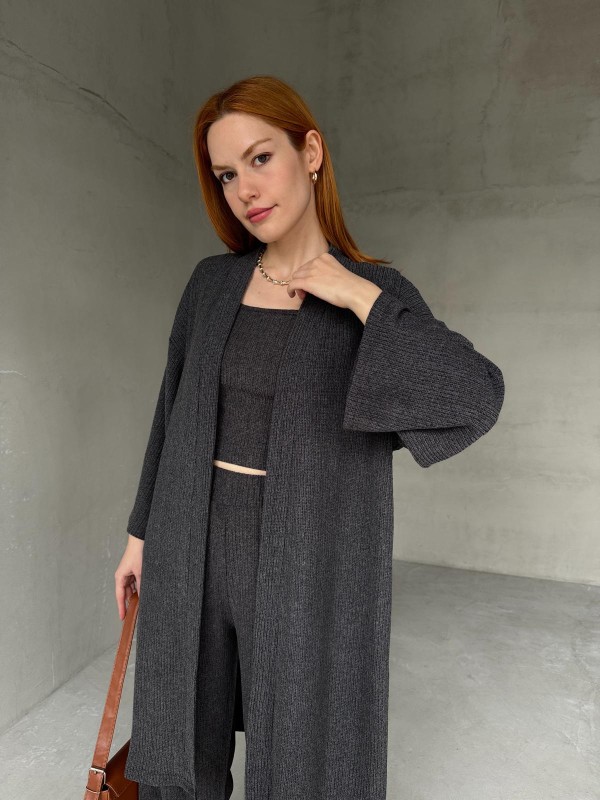 TKM-03657 Füme Askılı Bluz Palazzo Pantolon Yarasa Kol Kimono Üçlü Takım