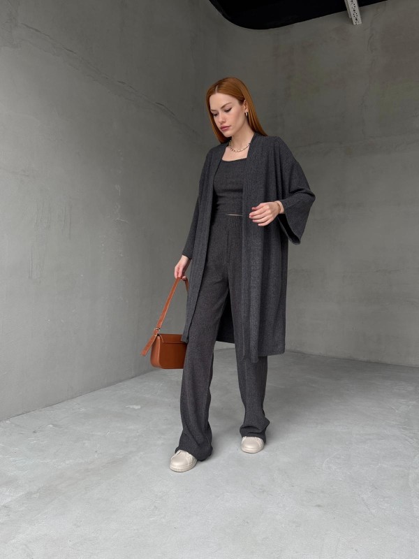 TKM-03657 Füme Askılı Bluz Palazzo Pantolon Yarasa Kol Kimono Üçlü Takım