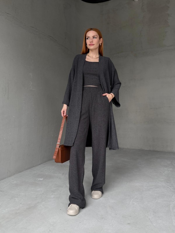 TKM-03657 Füme Askılı Bluz Palazzo Pantolon Yarasa Kol Kimono Üçlü Takım