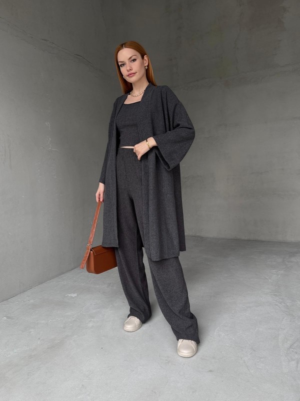 TKM-03657 Füme Askılı Bluz Palazzo Pantolon Yarasa Kol Kimono Üçlü Takım