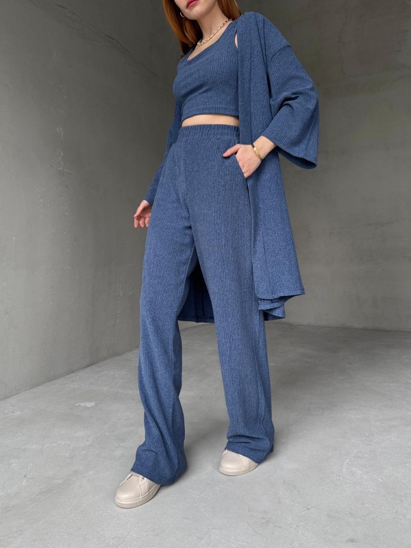 TKM-03657 Mavi Askılı Bluz Palazzo Pantolon Yarasa Kol Kimono Üçlü Takım