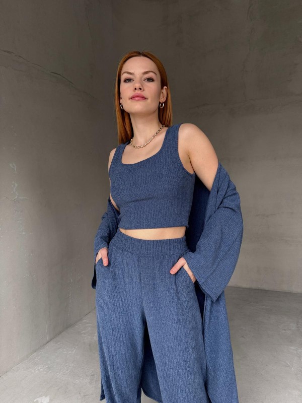 TKM-03657 Mavi Askılı Bluz Palazzo Pantolon Yarasa Kol Kimono Üçlü Takım