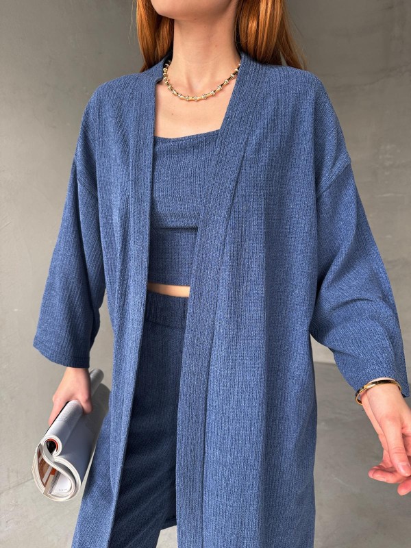 TKM-03657 Mavi Askılı Bluz Palazzo Pantolon Yarasa Kol Kimono Üçlü Takım