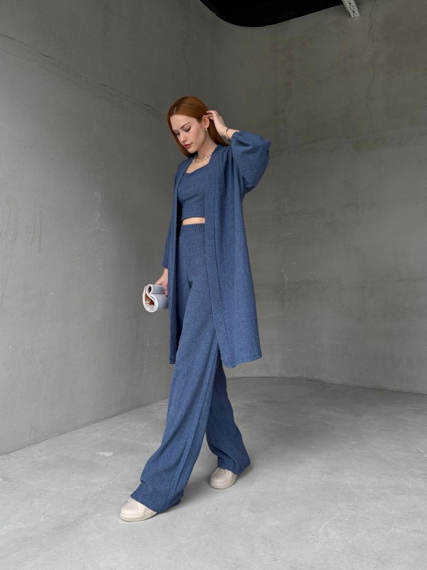 TKM-03657 Mavi Askılı Bluz Palazzo Pantolon Yarasa Kol Kimono Üçlü Takım