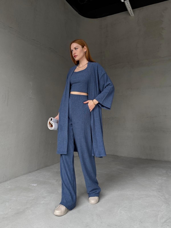 TKM-03657 Mavi Askılı Bluz Palazzo Pantolon Yarasa Kol Kimono Üçlü Takım
