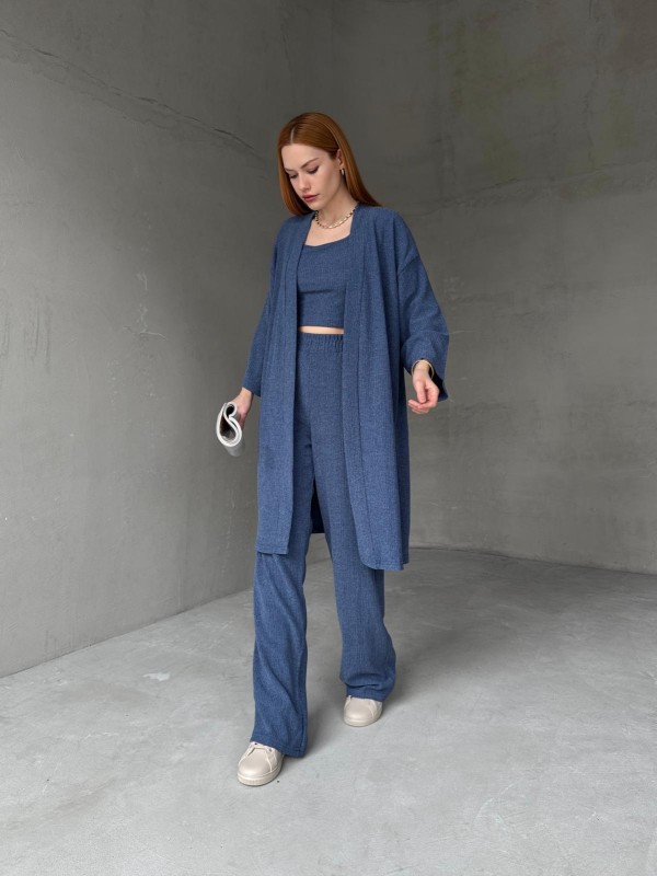 TKM-03657 Mavi Askılı Bluz Palazzo Pantolon Yarasa Kol Kimono Üçlü Takım