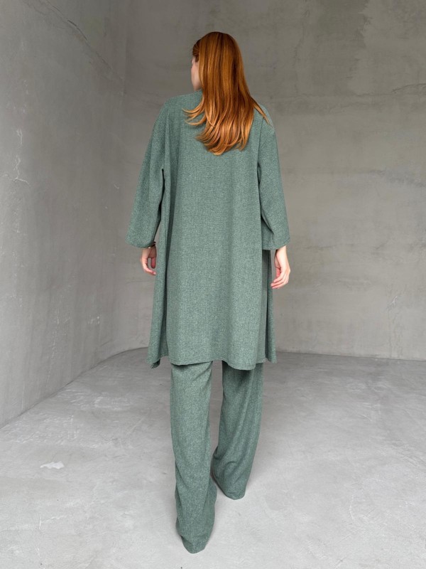 TKM-03657 Yeşil Askılı Bluz Palazzo Pantolon Yarasa Kol Kimono Üçlü Takım