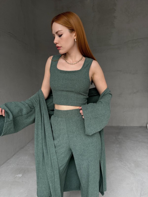 TKM-03657 Yeşil Askılı Bluz Palazzo Pantolon Yarasa Kol Kimono Üçlü Takım