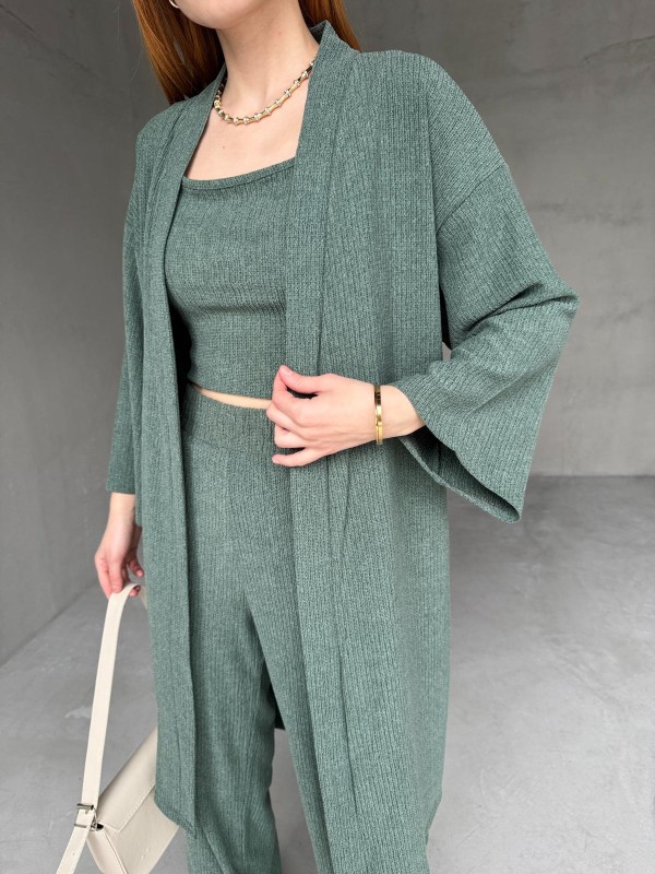 TKM-03657 Yeşil Askılı Bluz Palazzo Pantolon Yarasa Kol Kimono Üçlü Takım